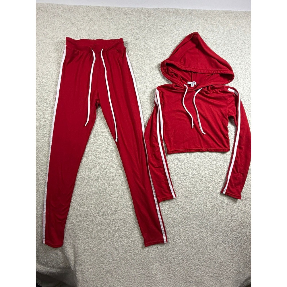 Fashion Nova Womens XS Red 2 Piece Crop Hoodie Pants Tracksuit White Stripe